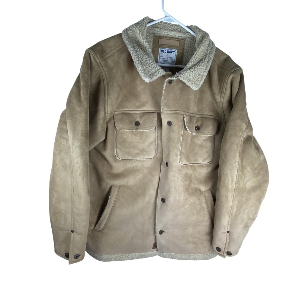 Vintage Old Navy Jacket Mens Large Beige Sherpa Lined Faux Suede Bomber